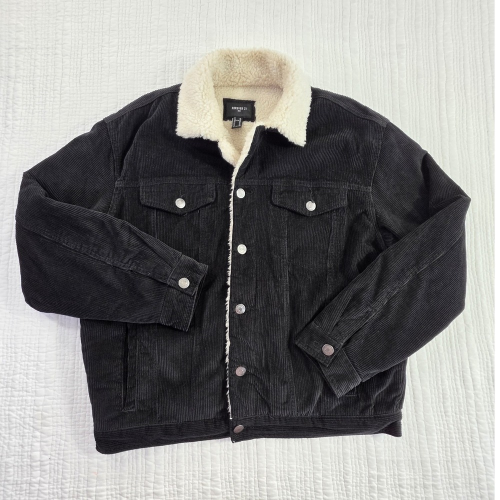 Forever 21 Mens Black Corduroy Sherpa Lined Trucker Jacket Faux Fur Coat XL EUC